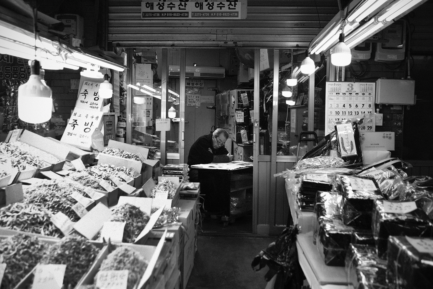 An elderly shopkeeper reading at a desk inside a dried-fish shop, framed by bare bulbs, boxed anchovies, and a wall calendar