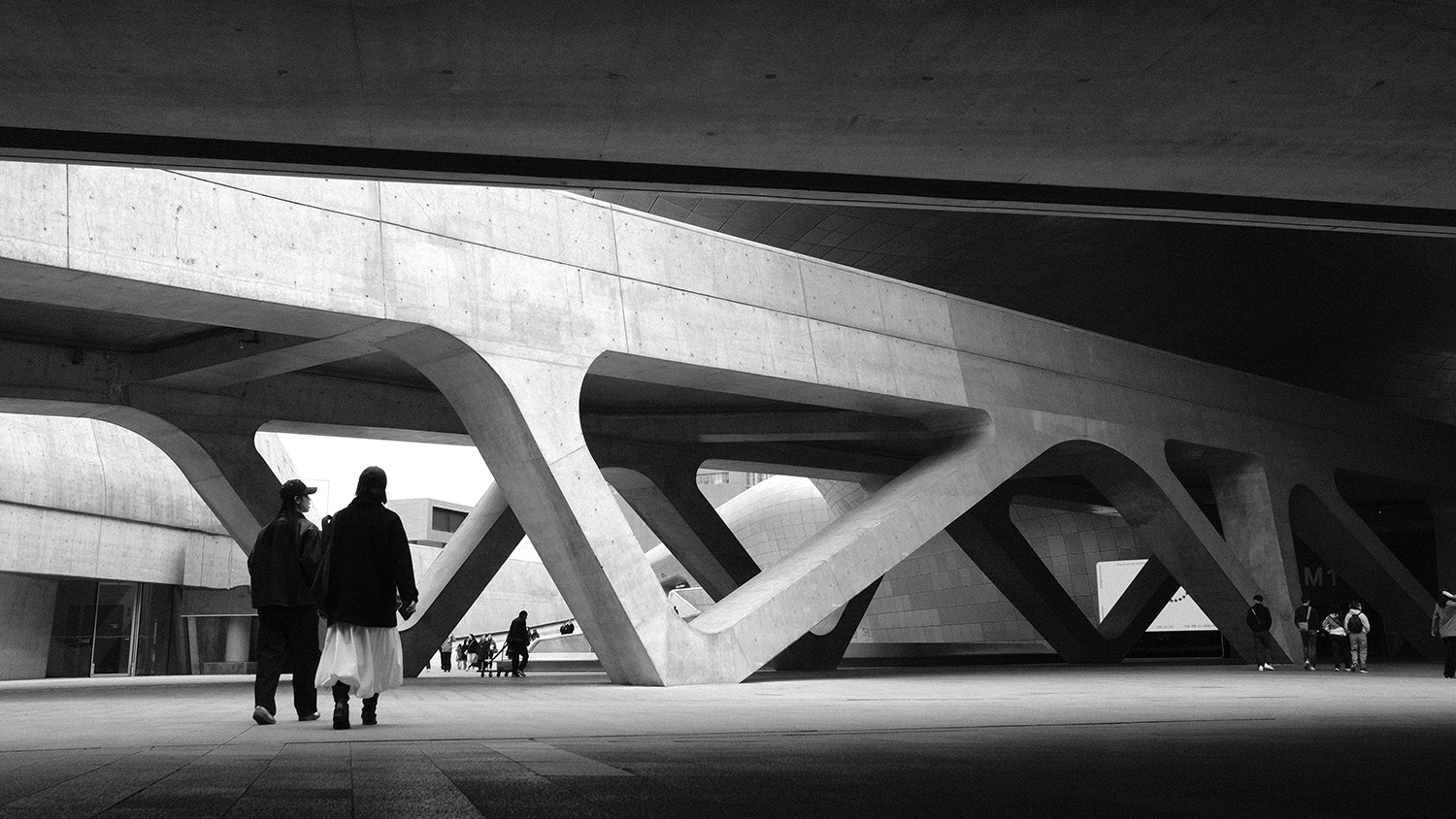 A couple walking beneath the sweeping concrete V-shaped columns of Dongdaemun Design Plaza